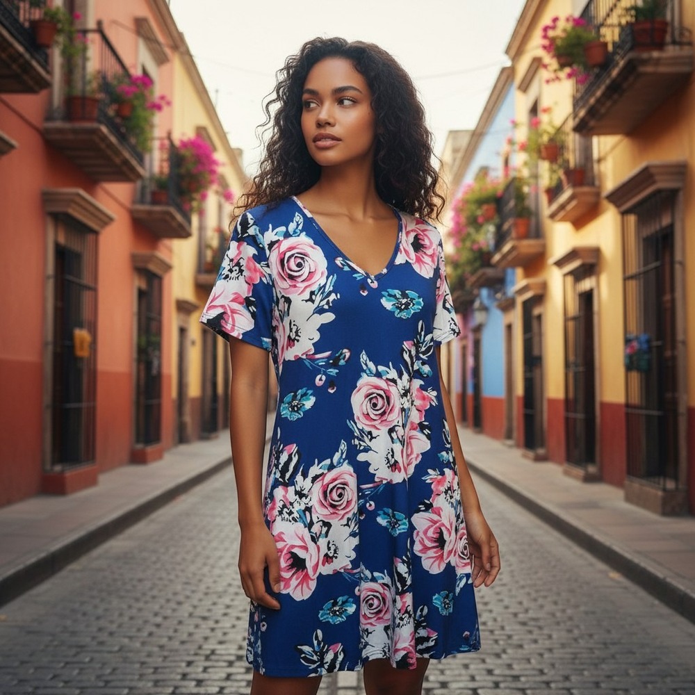 NWT Feager Blue Floral Mini  Short Sleeve L Crisscross Back Summer Sundress
